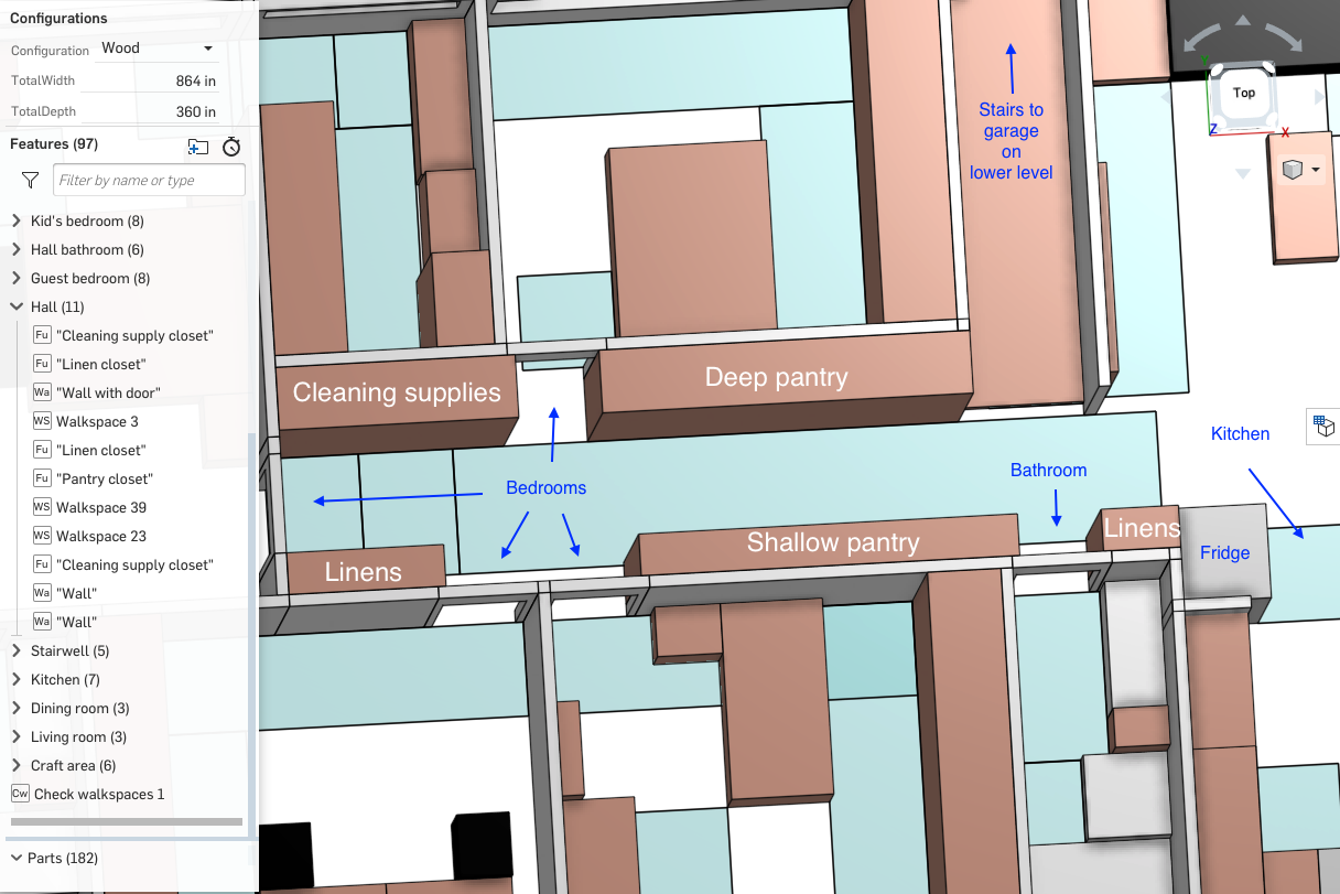Screenshot of the home designer's layout for maximizing storage space in the hallway between bedrooms. The design was created with FeatureScript, Onshape's open-source programming language that lets you easily create custom CAD features.