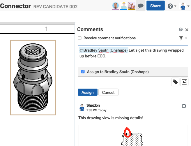 Onshape screenshot of a model of a dialysis connector that shows how to create comments or tasks.