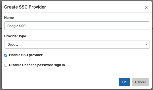 Screenshot of how Onshape Enterprise administrators create a Single Sign-On (SSO) provider.