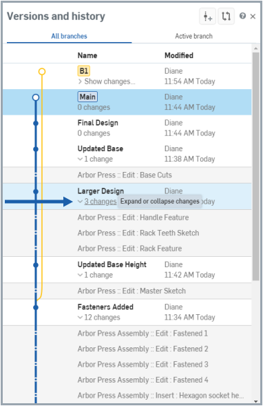 Screenshot of Onshape's Edit History that records when every design change happens and who made the change.