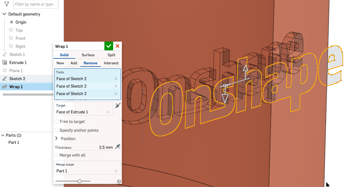 Image showing the wrap feature dialog within Onshape.