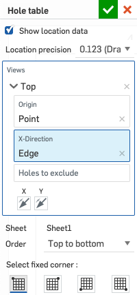 Screenshot for how to define the Hole Table in Onshape.
