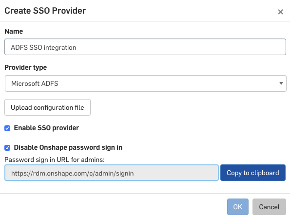 Onshape Single sign on (SSO) supports Azure Active Directory (AAD) and Active Directory Federation Services (ADFS)