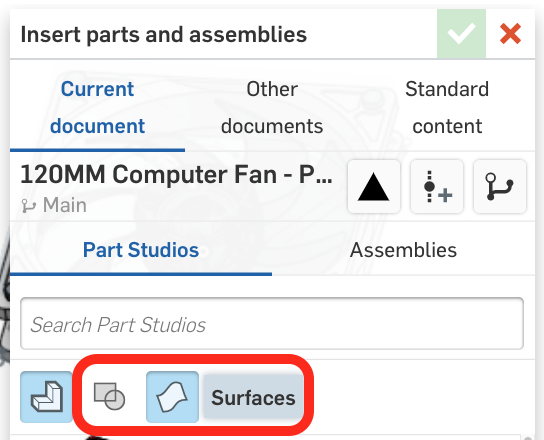 This screenshot shows you how to insert sketches and surfaces in an Onshape Part Studio.