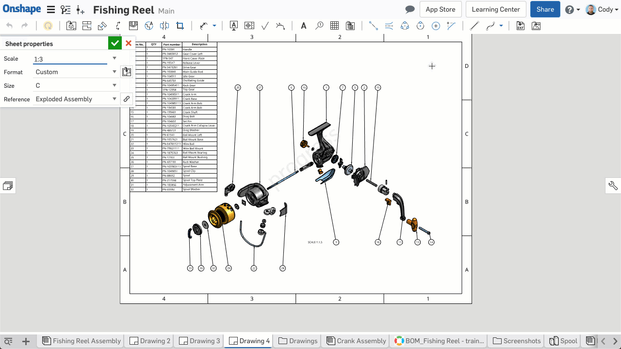 Animated example of how to switch the drawing templates in Onshape.