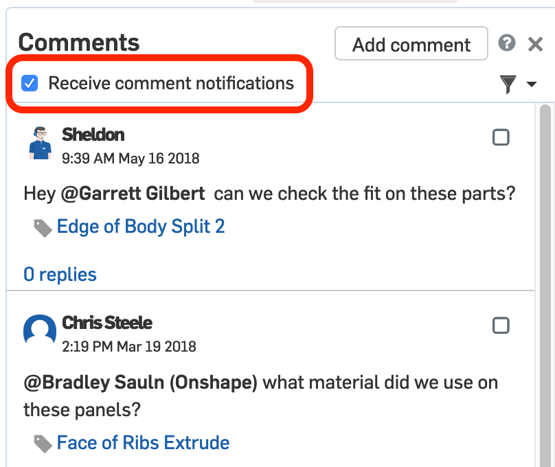 Screenshot of how to receive comment notifications for an Onshape Document