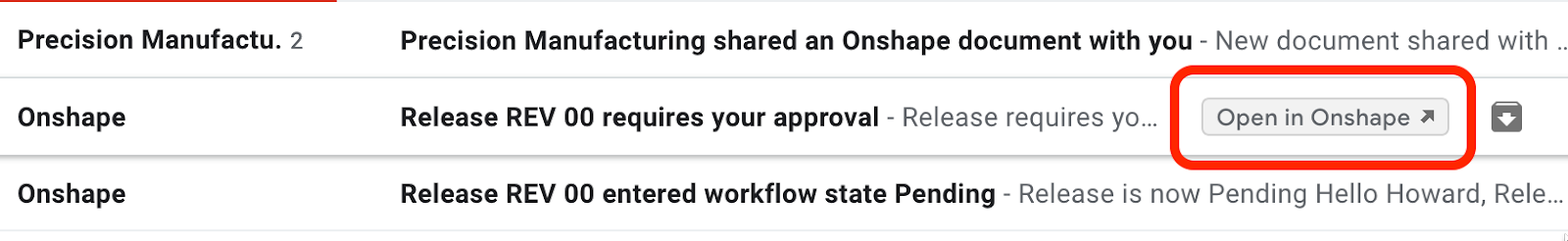 Screenshot of Onshape's email notification direct link inside Gmail.