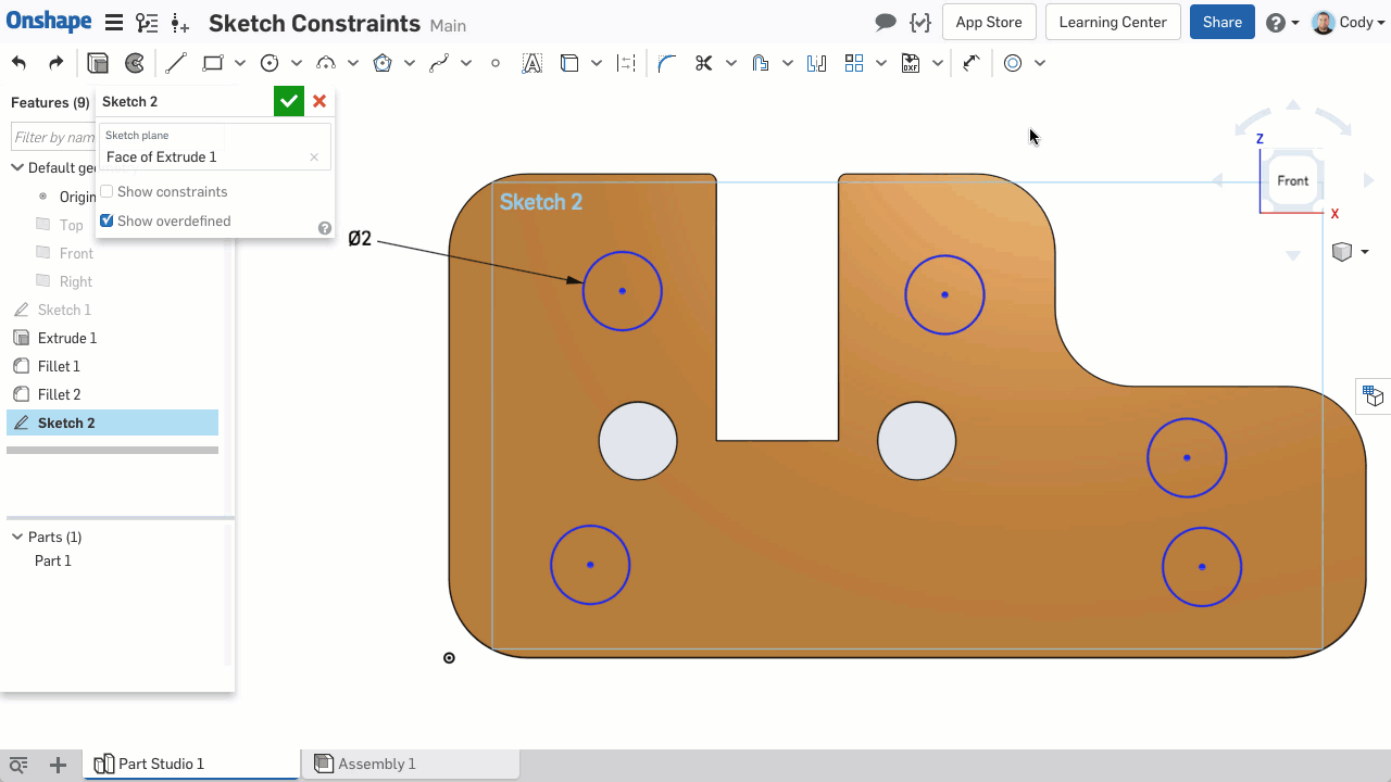 Screenshot of how to quickly create multiple constraints in Onshape.