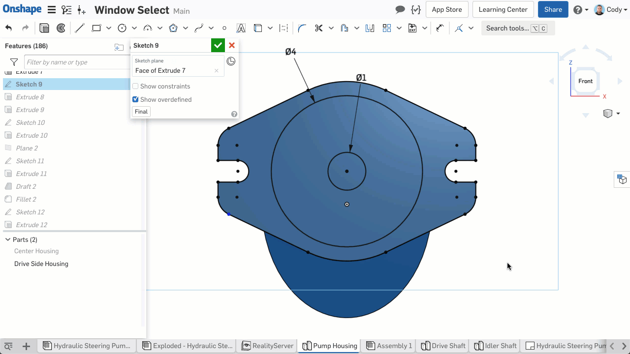 Onshape screenshot animation that shows how window-selecting sketch geometry is one of the most effective ways to select large amounts of sketch geometry at once.