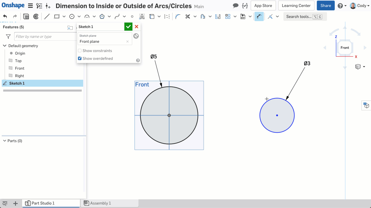 Animated Onshape screenshot that shows you how to dimension to the inside or outside of arcs/circles.