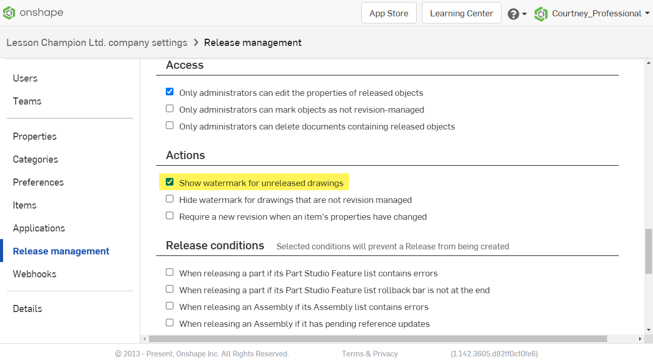 Release Management Actions watermark option