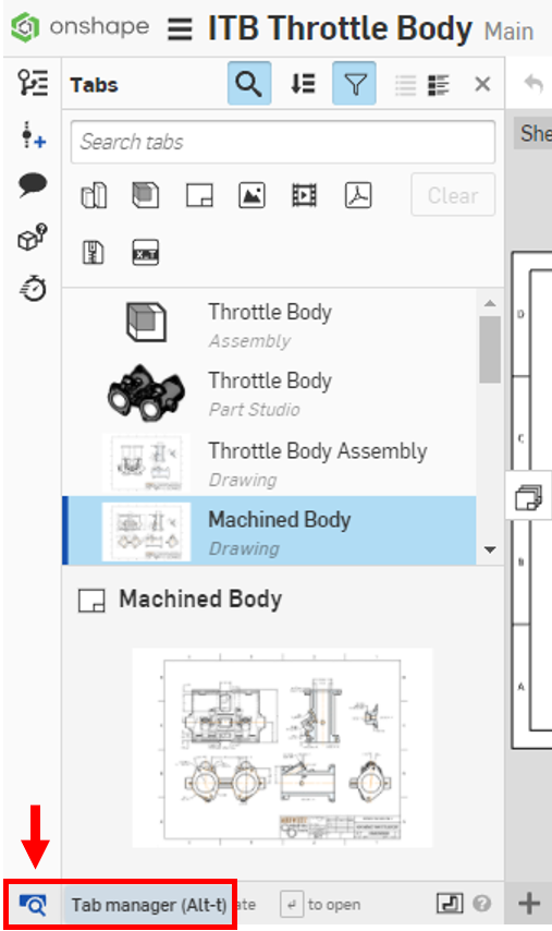 tab manager in onshape